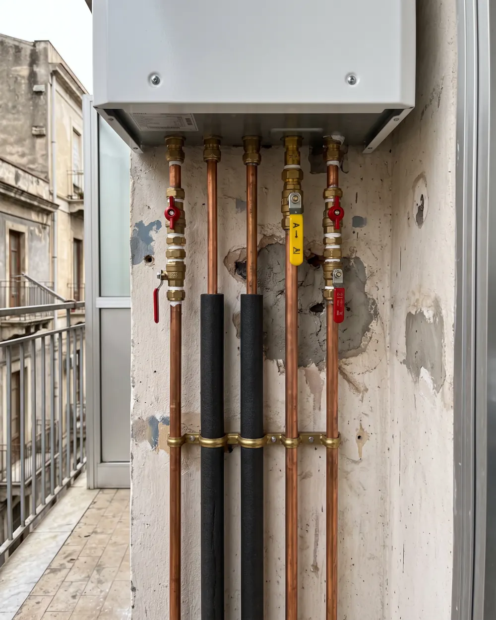 Collegamenti in rame sotto una caldaia a muro, con valvole di intercettazione e valvola del gas
