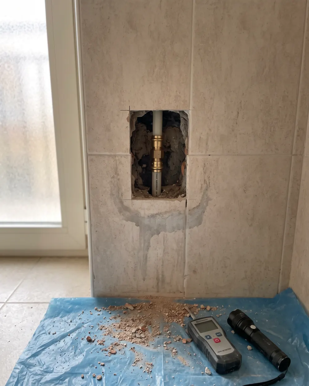 Apertura rettangolare piccola in una parete piastrellata, con il tubo riparato a vista e un raccordo in ottone