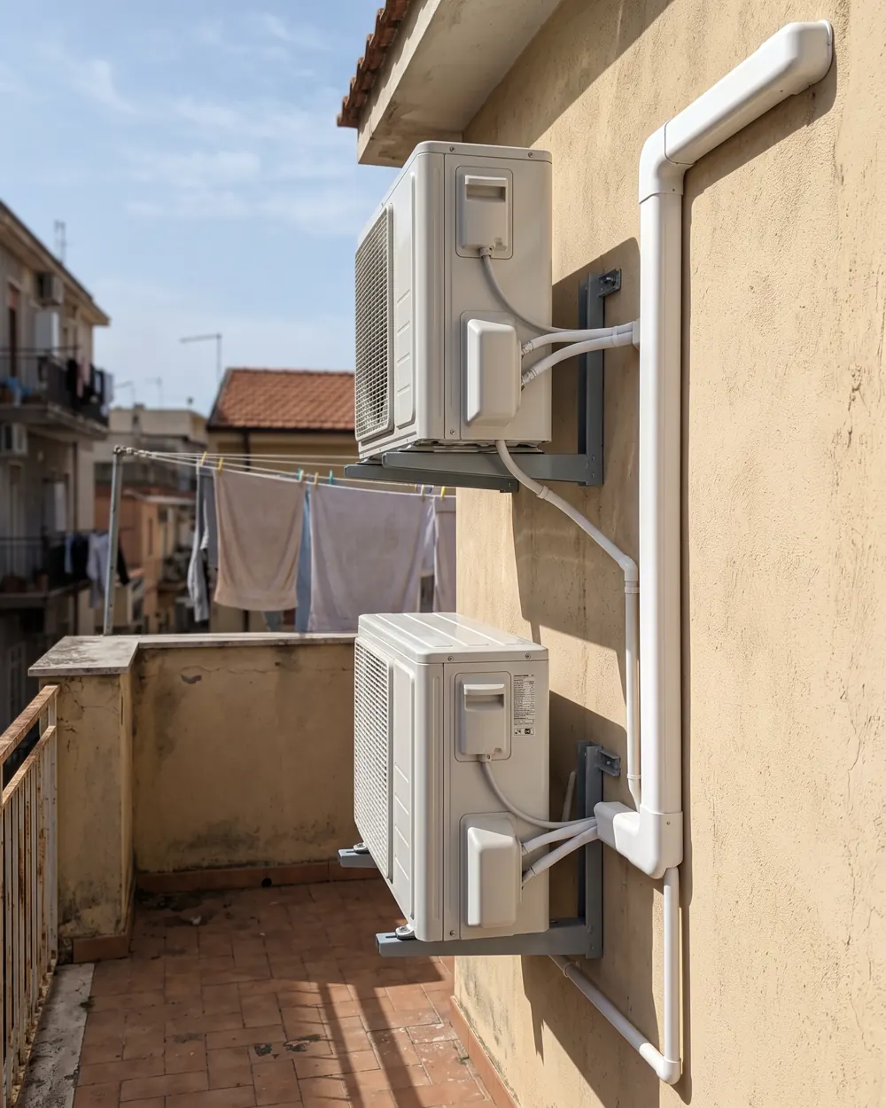 Due unità esterne di condizionamento su staffe alla parete di un terrazzo, canaline bianche in ordine